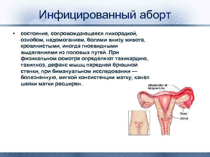 Инфицированный аборт • состояние, сопровождающееся лихорадкой, ознобом, недомоганием, болями внизу живота, кровянистыми, иногда гноевидными