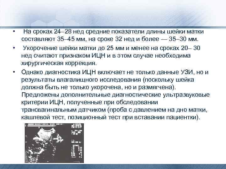  • На сроках 24– 28 нед средние показатели длины шейки матки составляют 35–