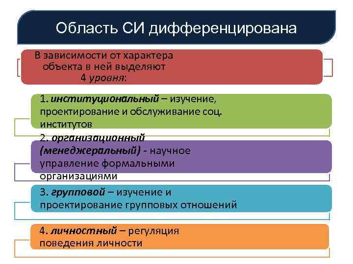 Область СИ дифференцирована В зависимости от характера объекта в ней выделяют 4 уровня: 1.