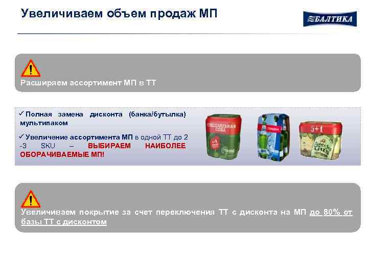 Увеличиваем объем продаж МП Расширяем ассортимент МП в ТТ ü Полная замена дисконта (банка/бутылка)