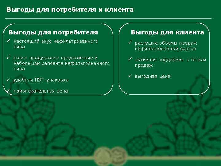 Выгоды для потребителя и клиента Выгоды для потребителя Выгоды для клиента ü настоящий вкус