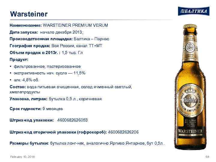 Warsteiner Наименование: WARSTEINER PREMIUM VERUM Дата запуска: начало декабря 2013; Производственная площадка: Балтика –