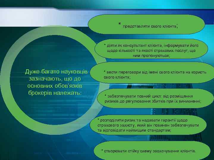 * представляти свого клієнта; * діяти як консультант клієнта, інформувати його щодо кількості та