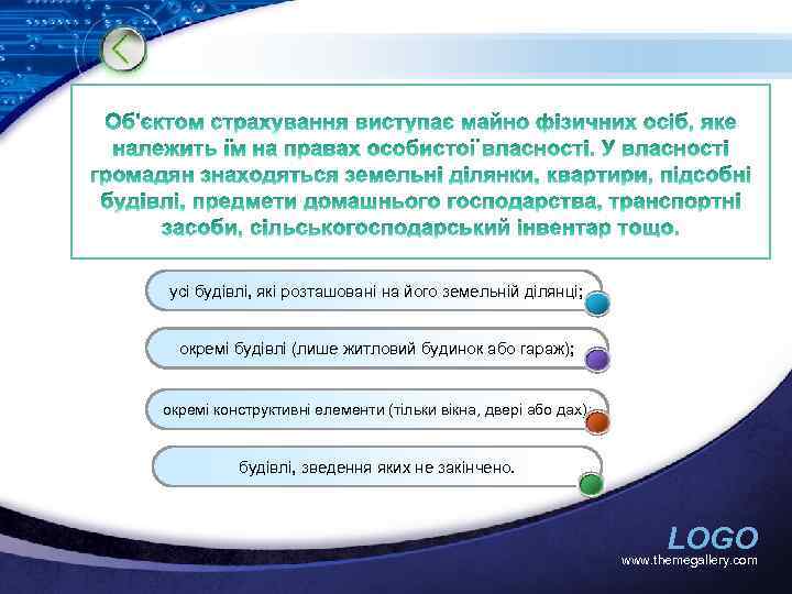  усі будівлі, які розташовані на його земельній ділянці; окремі будівлі (лише житловий будинок
