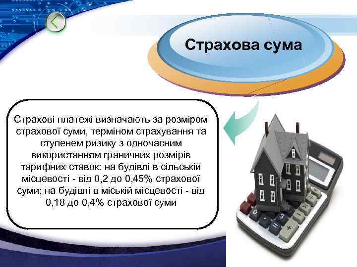 Страхова сума Страхові платежі визначають за розміром страхової суми, терміном страхування та ступенем ризику