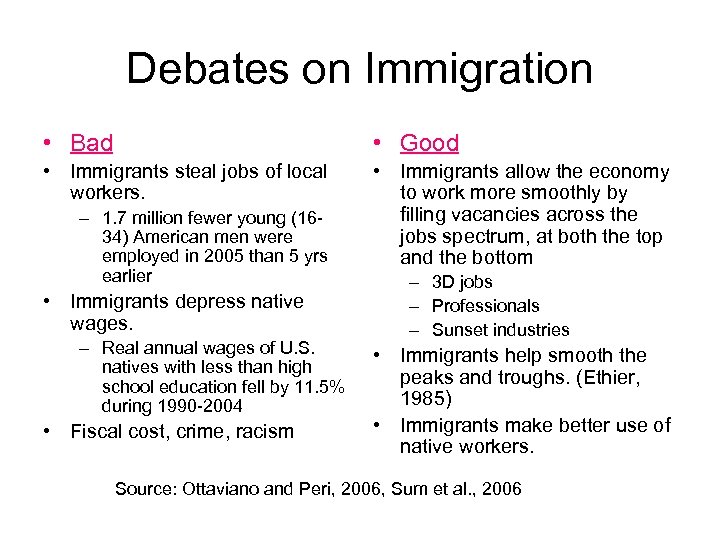 Debates on Immigration • Bad • Good • Immigrants steal jobs of local workers.