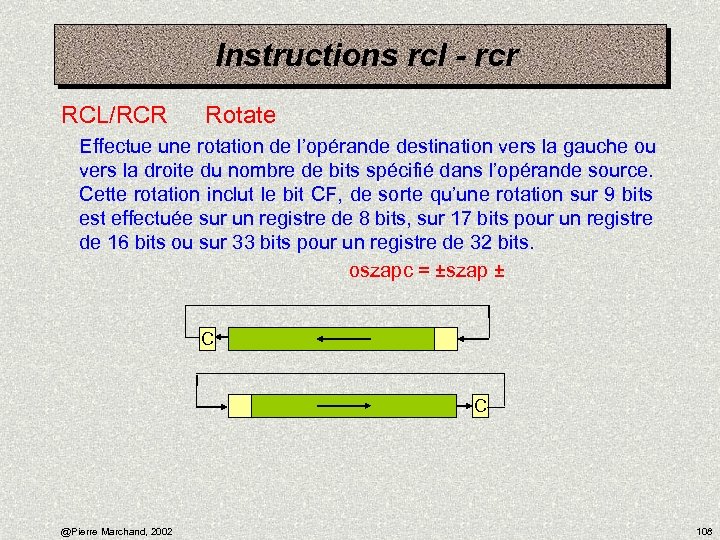 Instructions rcl - rcr RCL/RCR Rotate Effectue une rotation de l’opérande destination vers la