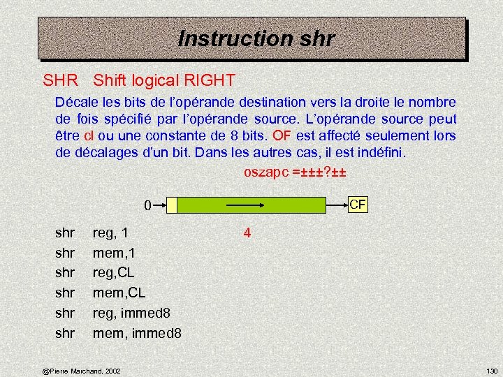 Instruction shr SHR Shift logical RIGHT Décale les bits de l’opérande destination vers la