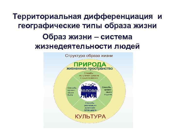 Территориальная дифференциация и географические типы образа жизни Образ жизни – система жизнедеятельности людей 