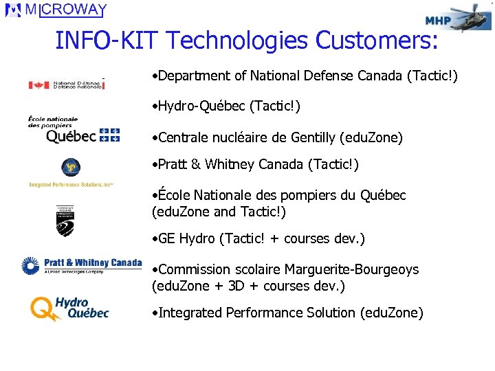 INFO-KIT Technologies Customers: • Department of National Defense Canada (Tactic!) • Hydro-Québec (Tactic!) •