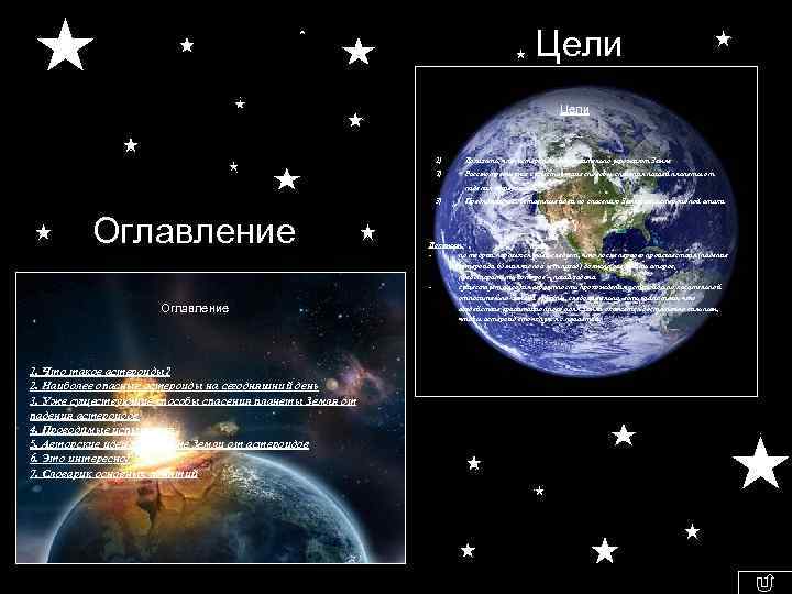 Цели 1) Доказать, что астероиды действительно угрожают Земле 2) Рассмотреть уже существующие способы спасения