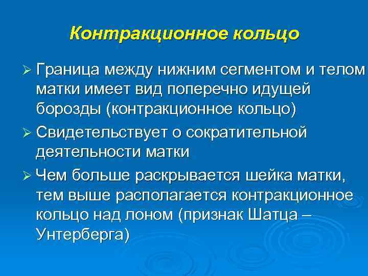 Контракционное кольцо Ø Граница между нижним сегментом и телом матки имеет вид поперечно идущей