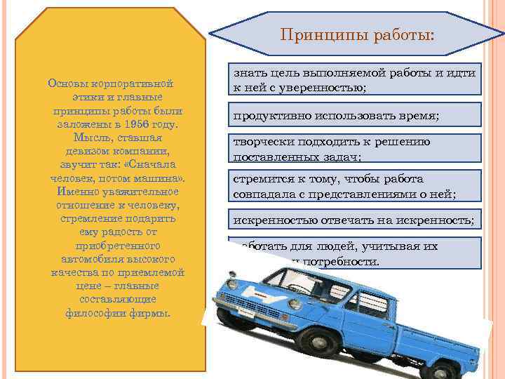 Принципы работы: Основы корпоративной этики и главные принципы работы были заложены в 1956 году.