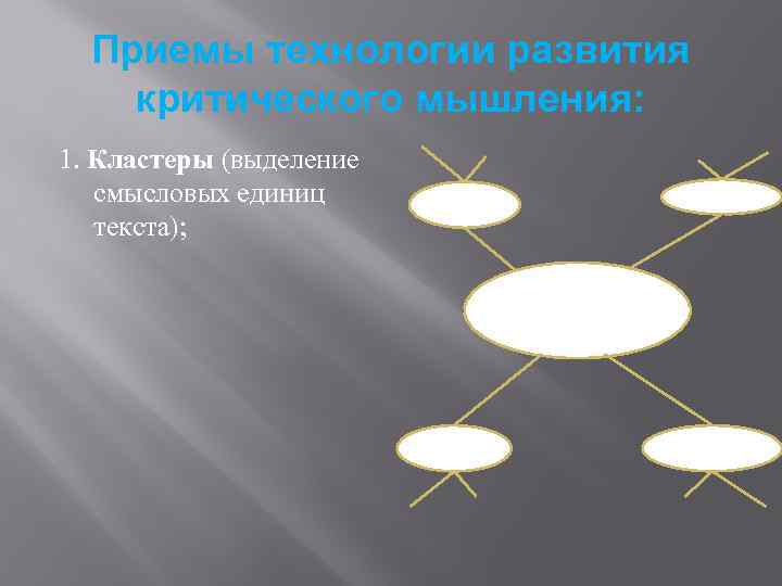 Приемы технологии развития критического мышления: 1. Кластеры (выделение смысловых единиц текста); 