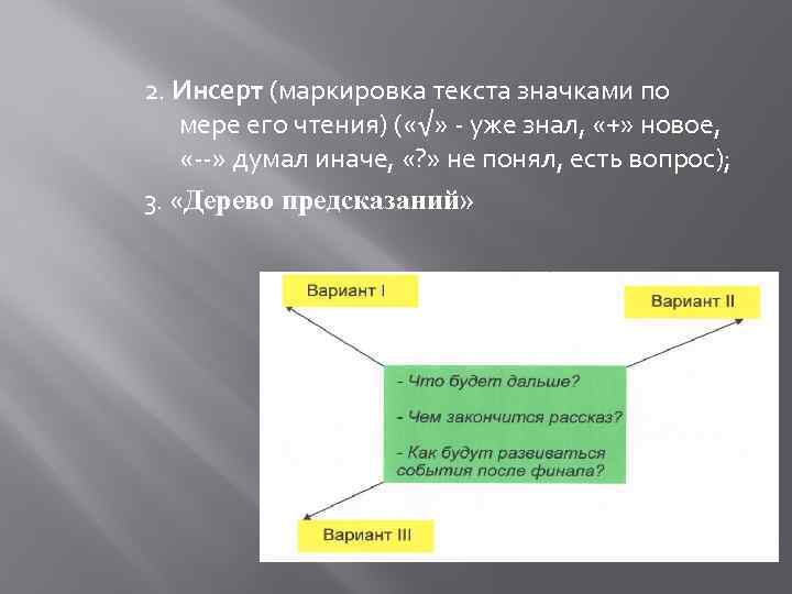 2. Инсерт (маркировка текста значками по мере его чтения) ( «√» - уже знал,