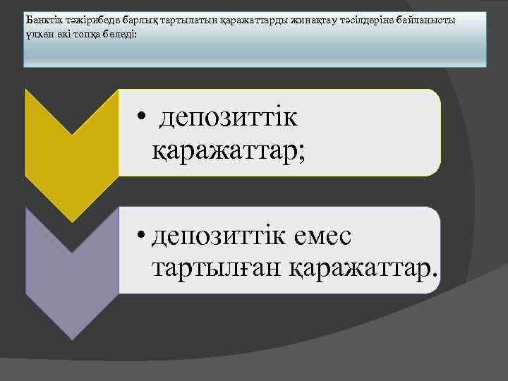 Банктік тәжірибеде барлық тартылатын қаражаттарды жинақтау тәсілдеріне байланысты үлкен екі топқа бөледі: . .