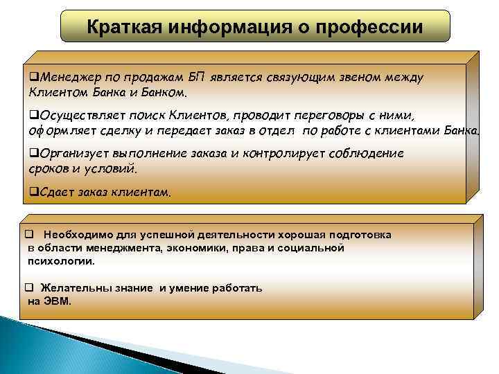 Краткая информация о профессии q. Менеджер по продажам БП является связующим звеном между Клиентом