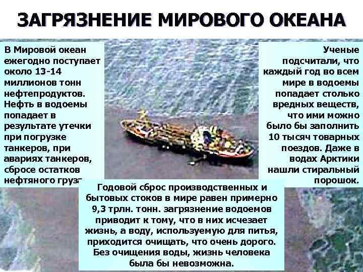 ЗАГРЯЗНЕНИЕ МИРОВОГО ОКЕАНА В Мировой океан Ученые ежегодно поступает подсчитали, что около 13 -14