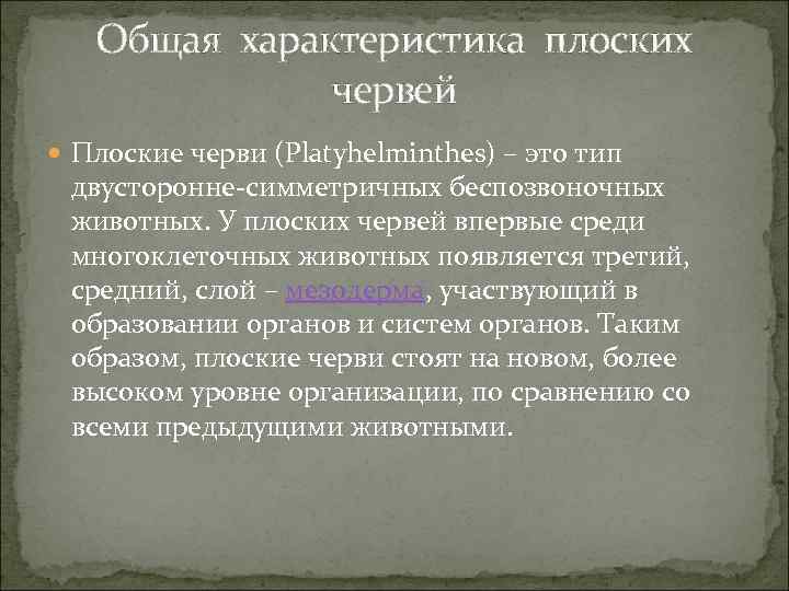 Общая характеристика плоских червей Плоские черви (Platyhelminthes) – это тип двусторонне-симметричных беспозвоночных животных. У