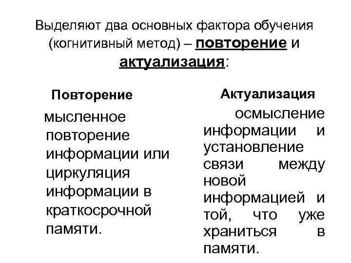 Выделяют два основных фактора обучения (когнитивный метод) – повторение и актуализация: Повторение мысленное повторение