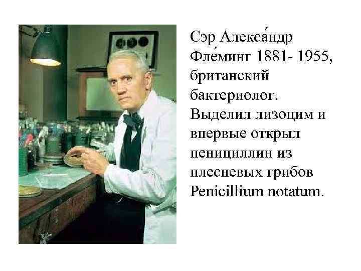 Сэр Алекса ндр Фле минг 1881 - 1955, британский бактериолог. Выделил лизоцим и впервые