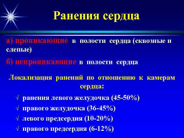 Ранения сердца а) проникающие в полости сердца (сквозные и слепые) б) непроникающие в полости