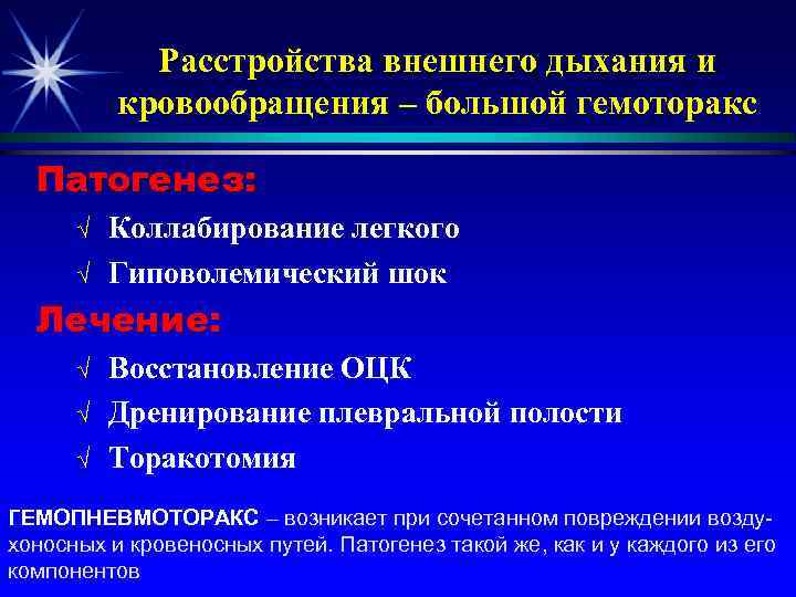 Расстройства внешнего дыхания и кровообращения – большой гемоторакс Патогенез: √ √ Коллабирование легкого Гиповолемический