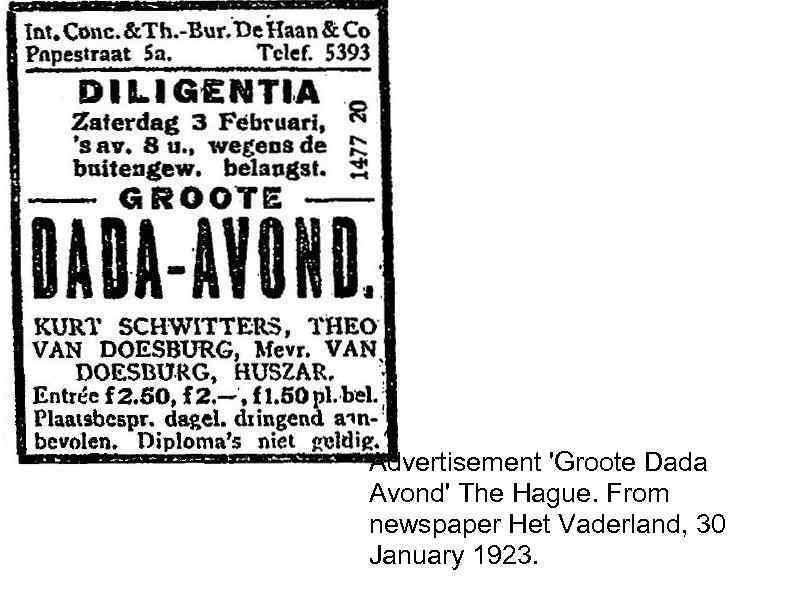 Advertisement 'Groote Dada Avond' The Hague. From newspaper Het Vaderland, 30 January 1923. 