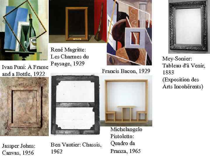 Ivan Puni: A Frame and a Bottle, 1922 Jassper Johns: Canvas, 1956 René Magritte: