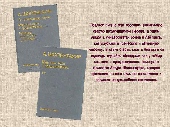 Позднее Ницше стал посещать знаменитую старую школу-пансион Пфорта, а затем учился в университетах Бонна
