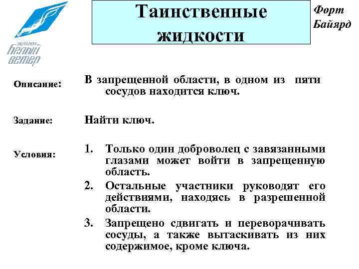 Таинственные жидкости Форт Байярд Описание: В запрещенной области, в одном из пяти сосудов находится