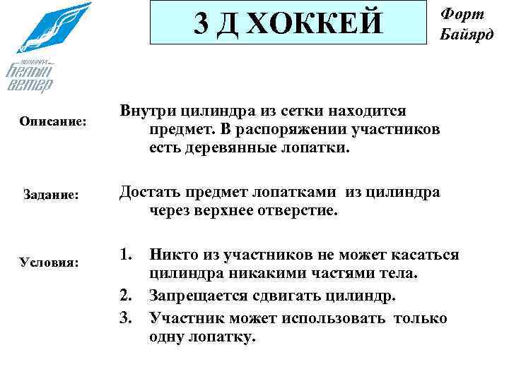 3 Д ХОККЕЙ Описание: Задание: Условия: Форт Байярд Внутри цилиндра из сетки находится предмет.