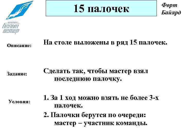 15 палочек Описание: Задание: Условия: Форт Байярд На столе выложены в ряд 15 палочек.