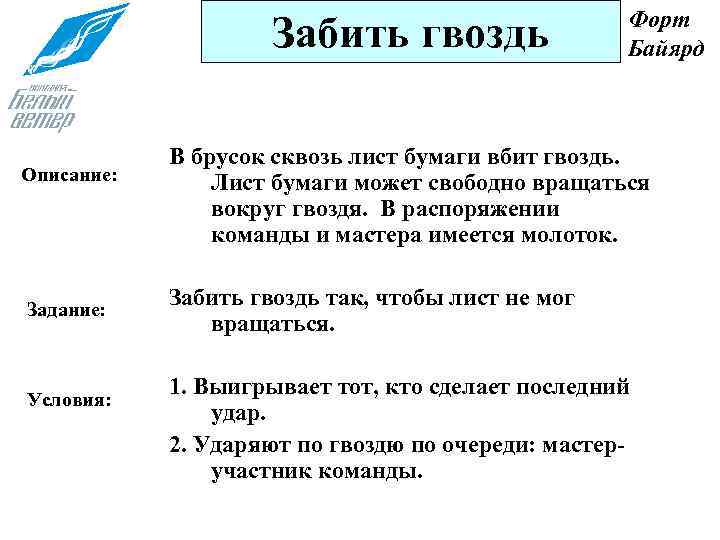 Забить гвоздь Описание: Задание: Условия: Форт Байярд В брусок сквозь лист бумаги вбит гвоздь.