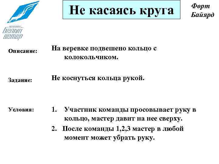 Не касаясь круга Форт Байярд Описание: На веревке подвешено кольцо с колокольчиком. Задание: Не