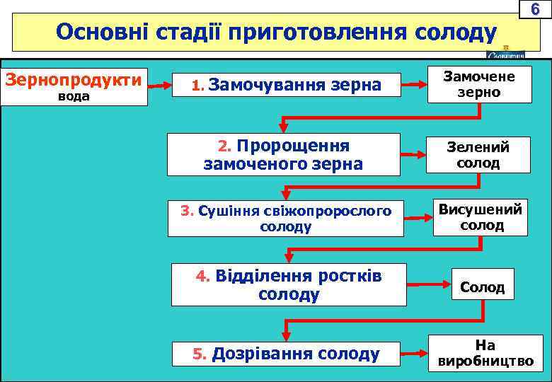 Основні стадії приготовлення солоду Зернопродукти вода 1. Замочування зерна 6 Замочене зерно 2. Пророщення