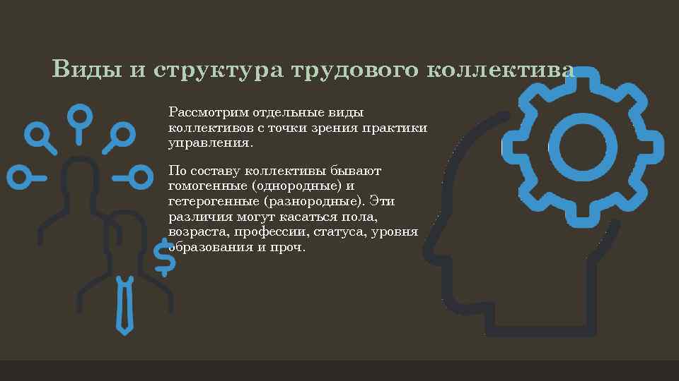 Виды и структура трудового коллектива Рассмотрим отдельные виды коллективов с точки зрения практики управления.