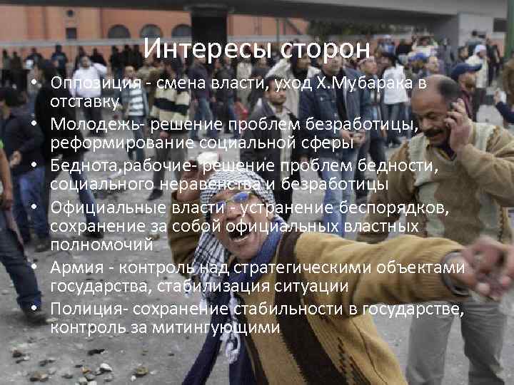 Интересы сторон • Оппозиция - смена власти, уход Х. Мубарака в отставку • Молодежь-