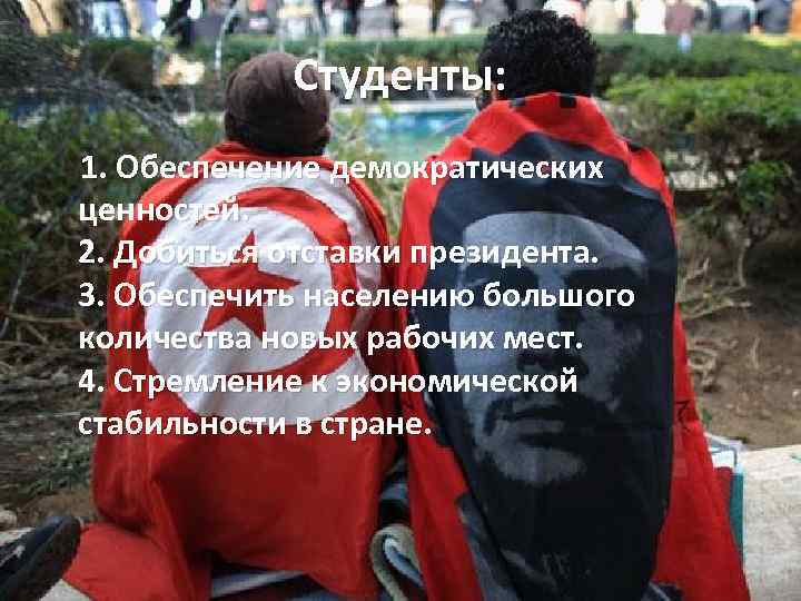 Студенты: 1. Обеспечение демократических ценностей. 2. Добиться отставки президента. 3. Обеспечить населению большого количества