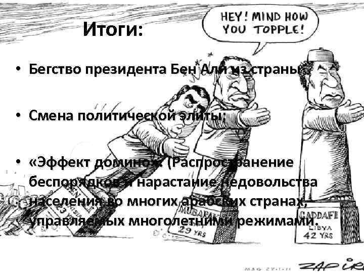 Итоги: • Бегство президента Бен Али из страны • Смена политической элиты; • «Эффект