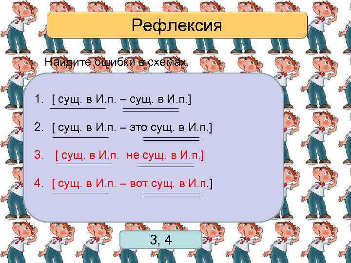 Рефлексия Найдите ошибки в схемах. 1. [ сущ. в И. п. – сущ. в