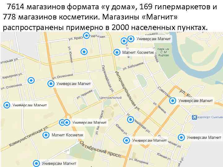 7614 магазинов формата «у дома» , 169 гипермаркетов и 778 магазинов косметики. Магазины «Магнит»