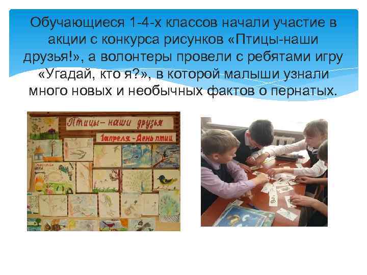 Обучающиеся 1 -4 -х классов начали участие в акции с конкурса рисунков «Птицы-наши друзья!»