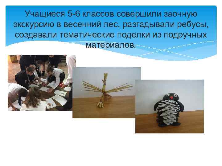 Учащиеся 5 -6 классов совершили заочную экскурсию в весенний лес, разгадывали ребусы, создавали тематические