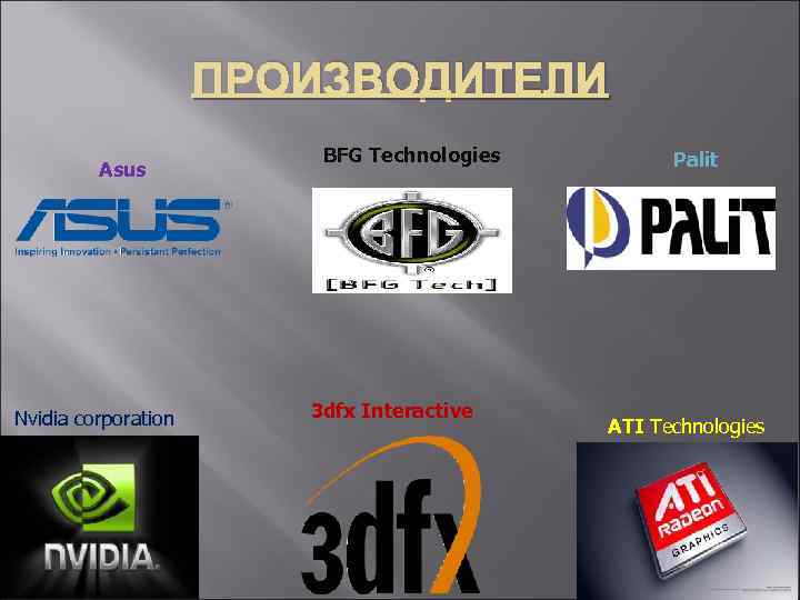 ПРОИЗВОДИТЕЛИ Asus Nvidia corporation BFG Technologies 3 dfx Interactive Palit ATI Technologies 