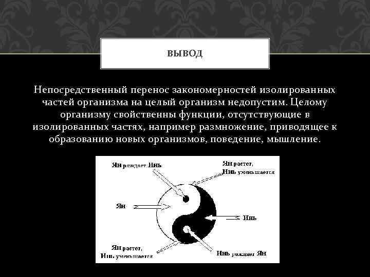 ВЫВОД Непосредственный перенос закономерностей изолированных частей организма на целый организм недопустим. Целому организму свойственны