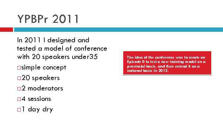 YPBPr 2011 In 2011 I designed and tested a model of conference with 20