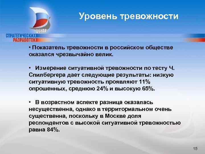 Уровень тревожности • Показатель тревожности в российском обществе оказался чрезвычайно велик. • Измерение ситуативной
