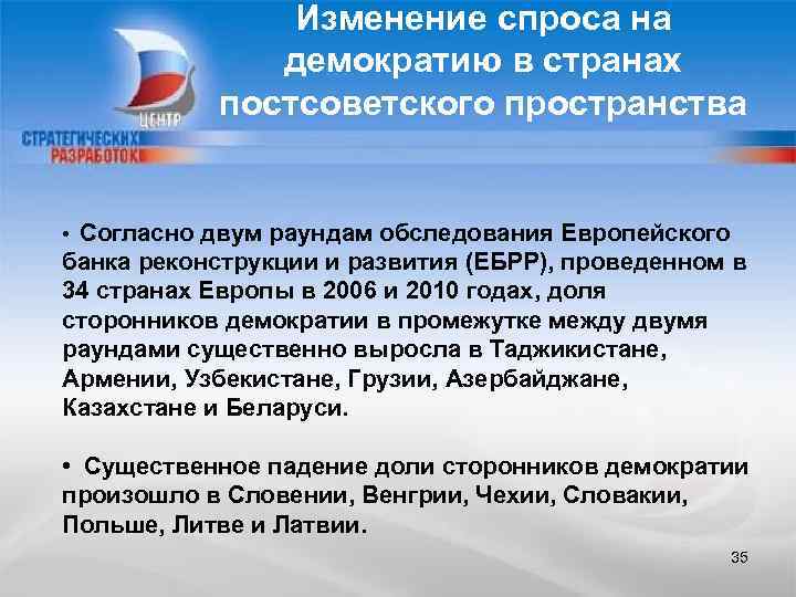 Изменение спроса на демократию в странах постсоветского пространства • Согласно двум раундам обследования Европейского