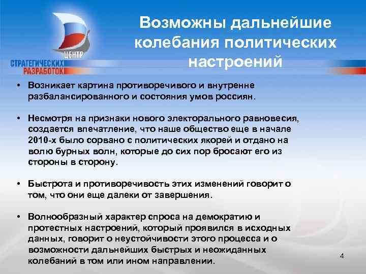 Возможны дальнейшие колебания политических настроений • Возникает картина противоречивого и внутренне разбалансированного и состояния